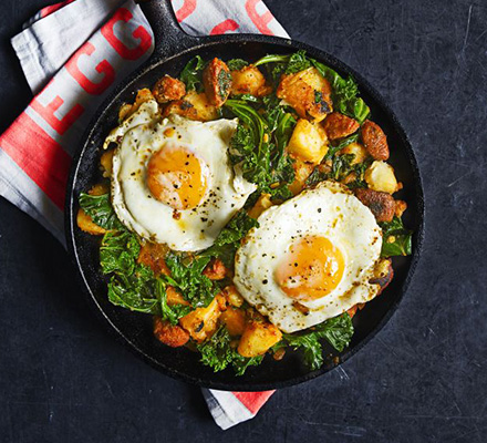 Chorizo & kale hash with a fried egg