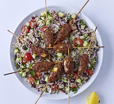 Spicy lamb & feta skewers with Greek brown rice salad