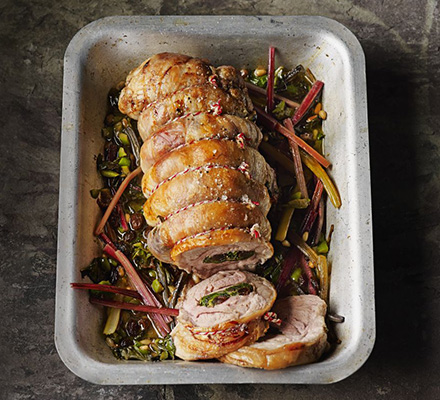 Chard-stuffed roast lamb