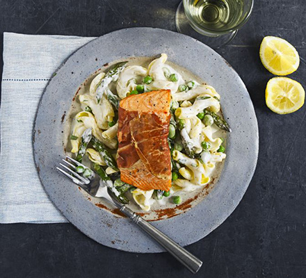 Simple salmon with spring pasta