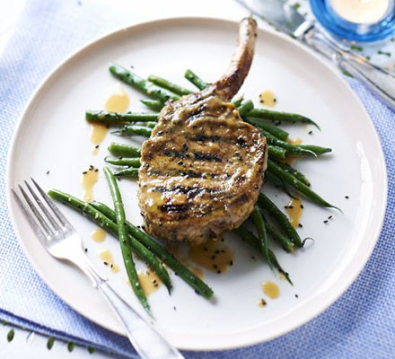 Miso mustard pork chops with sesame green beans