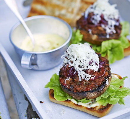 Smoky mushroom burgers with roasted garlic mayo