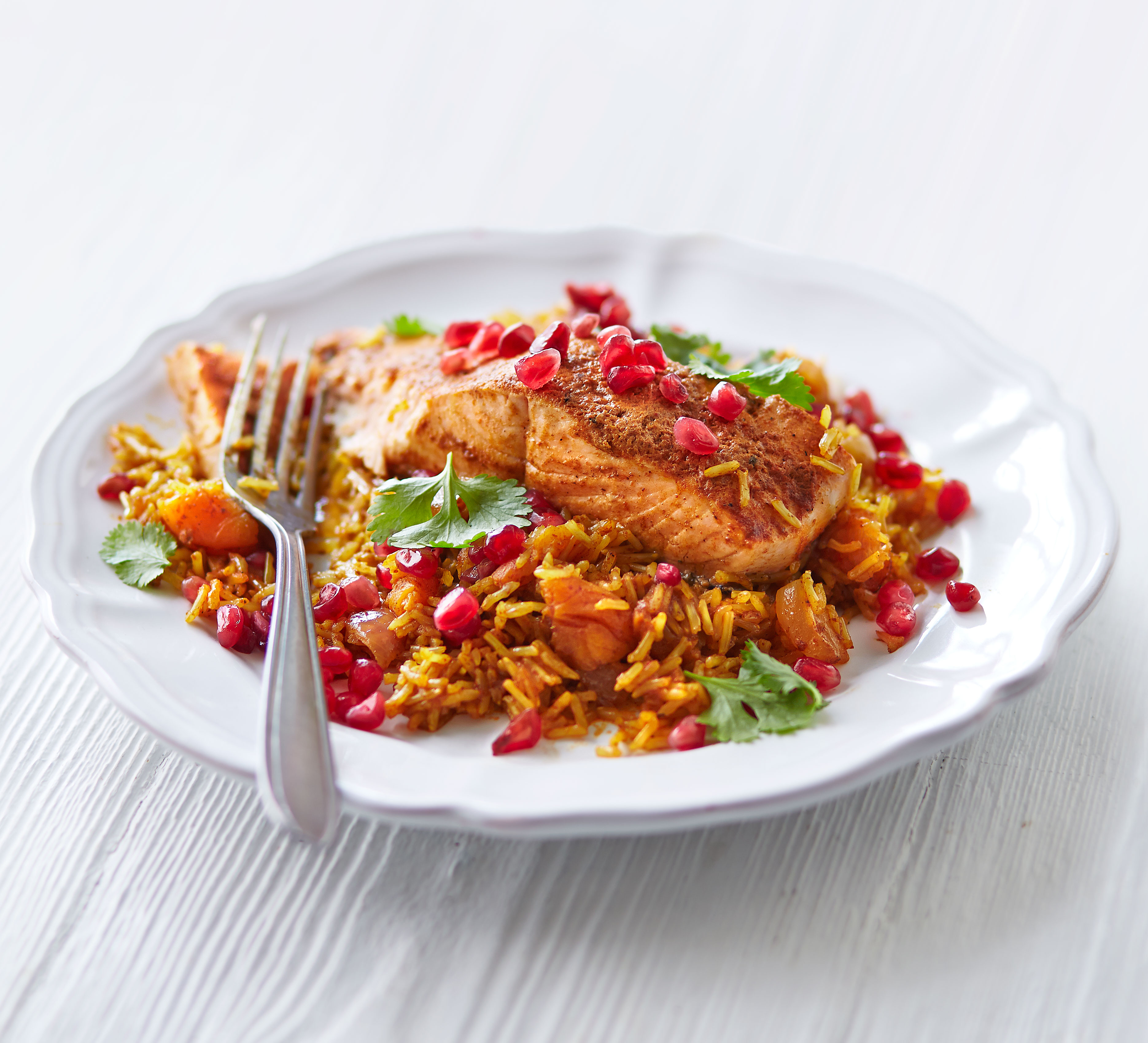 One-pan tikka salmon with jewelled rice