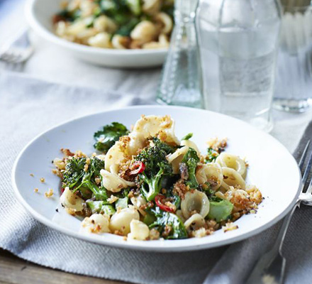 Orecchiette with anchovies & purple sprouting broccoli