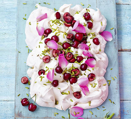 Cherry, rose & pistachio Pavlova traybake