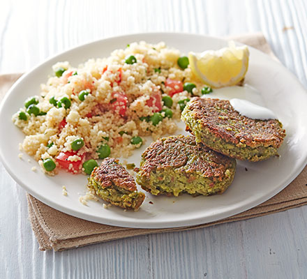 Pea falafels with minty couscous salad