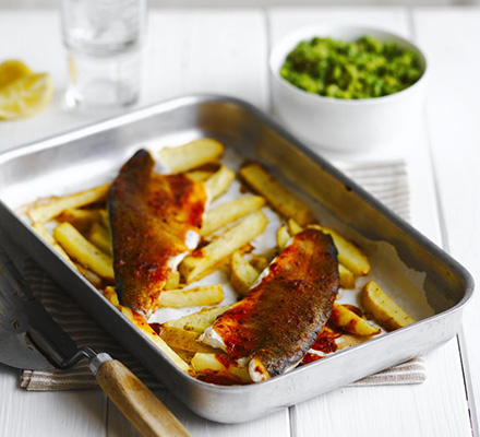 Piri-piri fish & chips with spicy peas