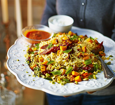 Golden pilaf with sizzling merguez