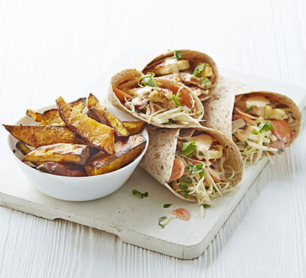 Piri-piri halloumi & slaw wraps with sweet potato wedges