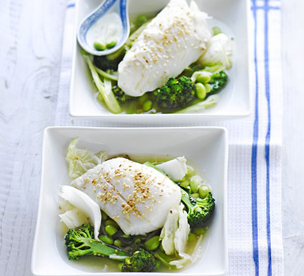 Poached fish with ginger & sesame broth