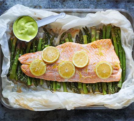 Poached salmon & asparagus with wild garlic mayonnaise