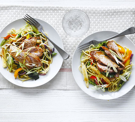 Sticky soy & honey pork with Asian noodles