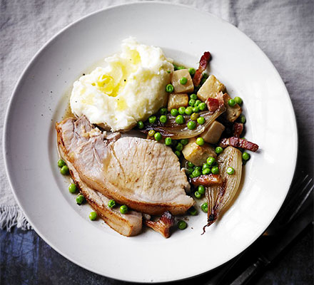 Pot-roast loin of pork in cider with celeriac