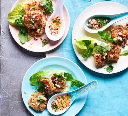 Prawn cakes with cucumber peanut relish