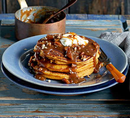 Pumpkin pancakes with salted pecan butterscotch