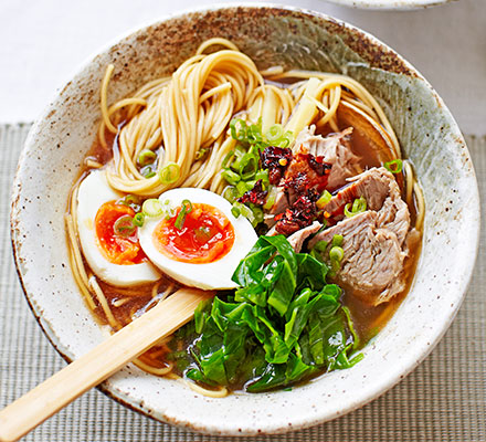 Ramen with chicken bone broth, pork shoulder, soft-boiled egg & greens