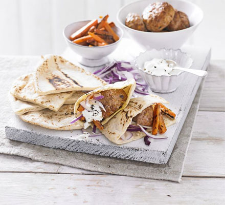 Harissa turkey kofta & carrot pittas