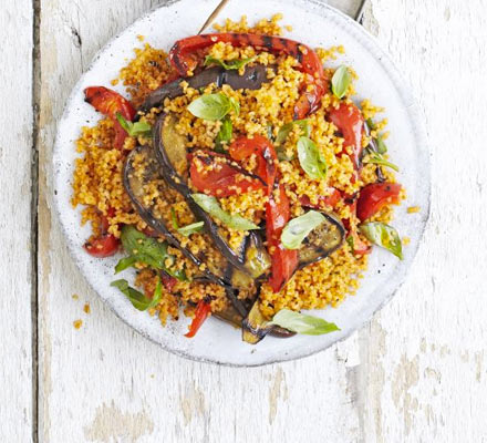 Charred aubergine, pepper & bulgur salad