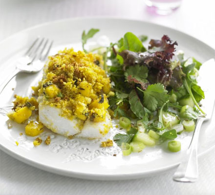 Baked fish with mint & mango relish