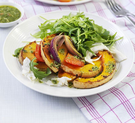 Roasted squash with pesto & mozzarella