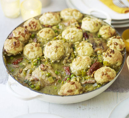 Pesto chicken stew with cheesy dumplings