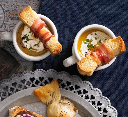 Butternut soup shots with crispy pancetta soldiers