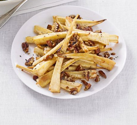 Sticky maple-glazed parsnips with pecans