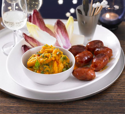 Sweet potato dip with chorizo & chicory dippers