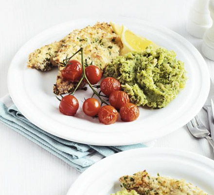 Lemony crumbed turkey with broccoli-bean smash