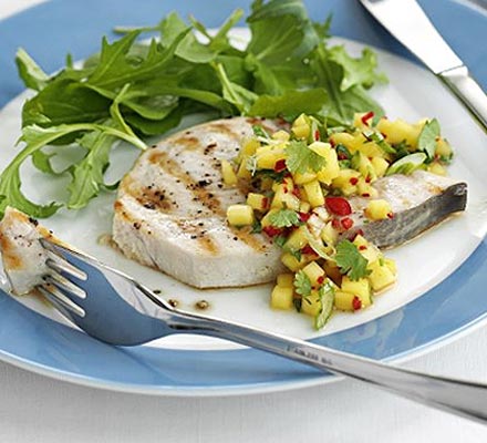 Seared swordfish with mango salsa