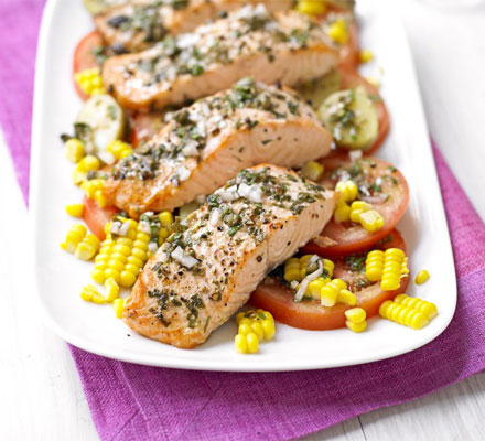 Salmon with new potato & corn salad & basil dressing