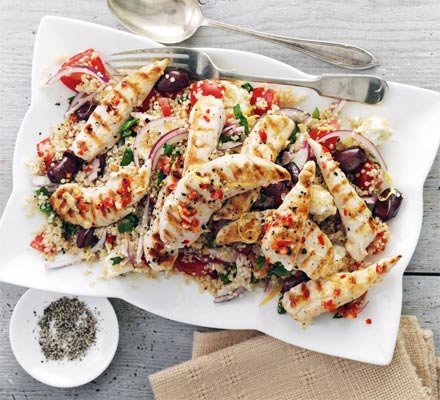 Griddled chicken with quinoa Greek salad