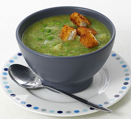 Pea & pesto soup with fish finger croûtons