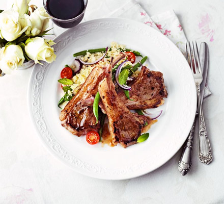 Sticky fig lamb cutlets with warm bean & couscous salad