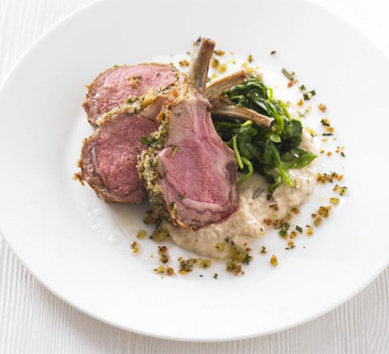 Herb-crusted rack of lamb with white bean purée