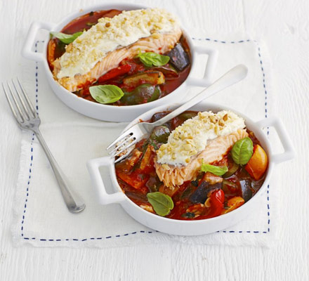 Creamy salmon with chunky ratatouille