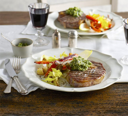 Rib-eye steaks with roasted roots & parsley pesto