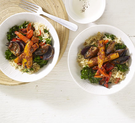 Roasted harissa vegetables with kale & ginger pilaf