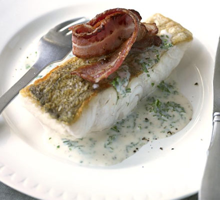 Pollock with parsley sauce & crisp bacon