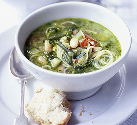 Spring vegetable soup with basil pesto