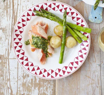 Easy poached salmon with salsa verde