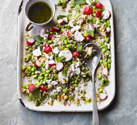 Broad bean, barley & mint salad