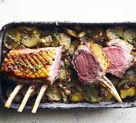 Rack of lamb with new potato, onion & thyme gratin