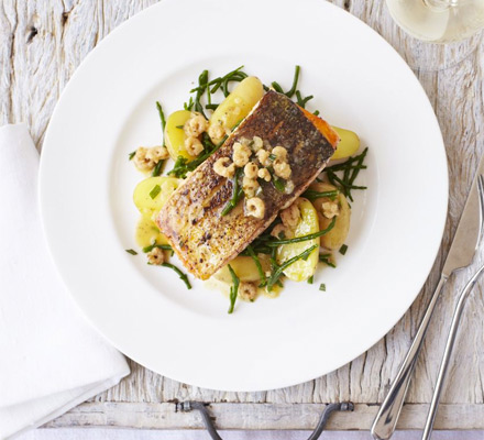 Sea trout with samphire, potted shrimp & lemon