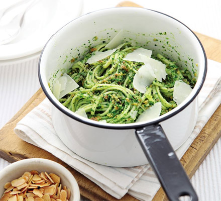 Linguine with watercress & almond pesto