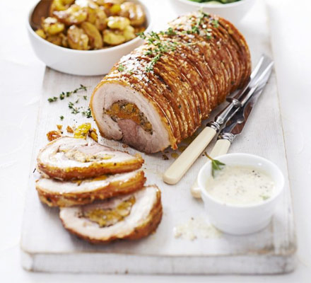 Rolled pork belly with herby apricot & honey stuffing