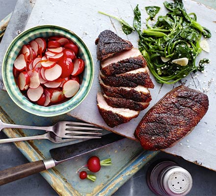 Sticky duck with Chinese pickled radishes