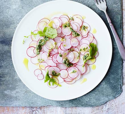 Radish confetti with salsa verde