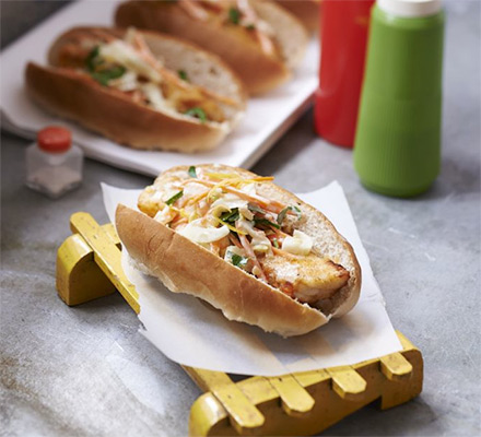 Fish dogs with lemony fennel slaw