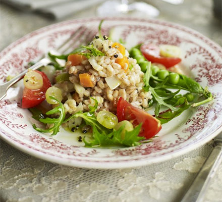 Pearled spelt salad with peas & gooseberries